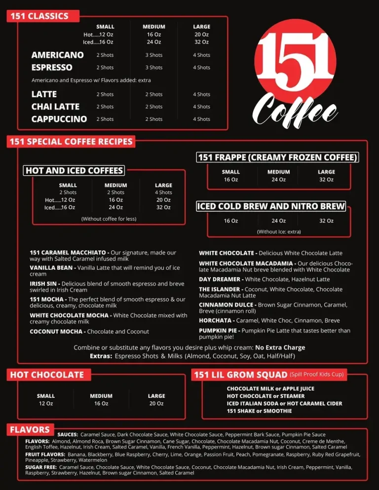 151 Coffee Menu